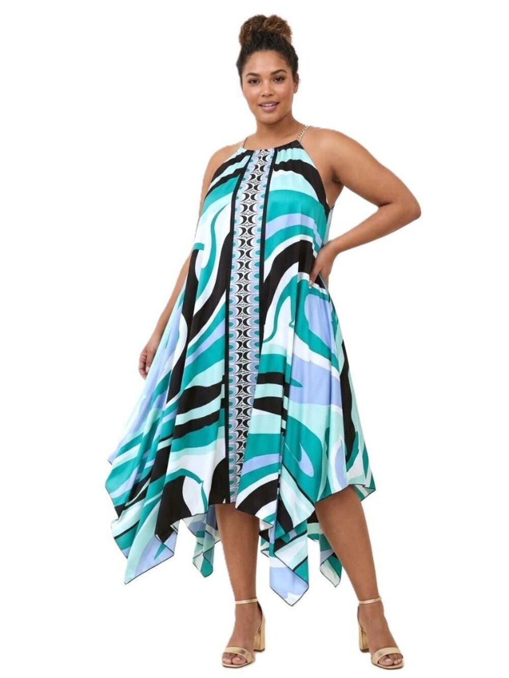 Ashley Stewart Teal, Black & White Asymmetrical Halter Dress